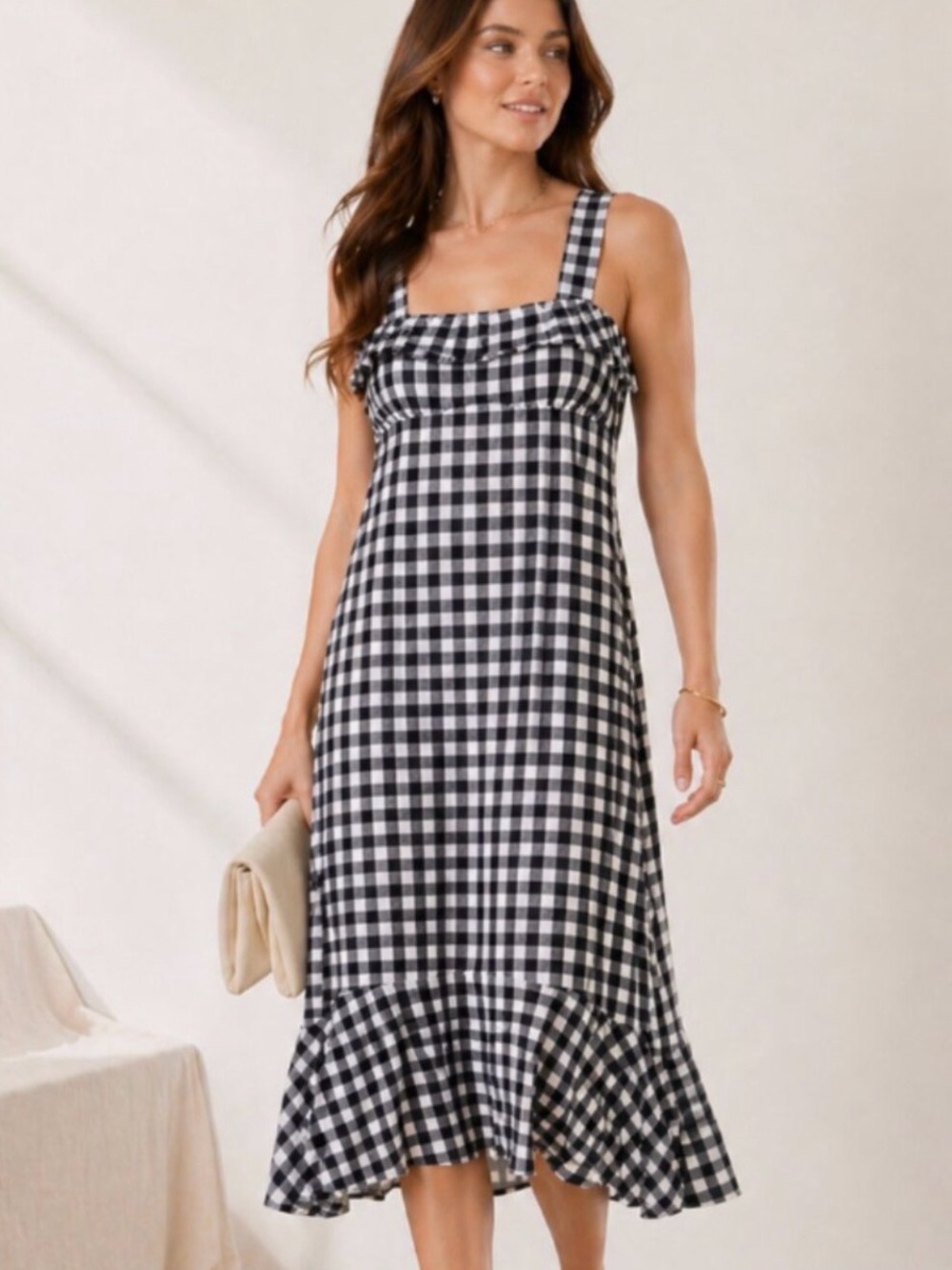 J. Crew Wide Straps White Black Gingham Midi Dress with Ruffled Hems Size 8